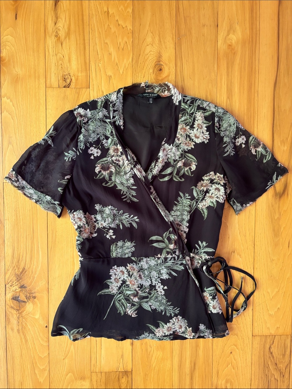 LUCKY BRAND |Black Floral Sheer Whimsigoth Dark Cottagecore Wrap Blouse | Size S